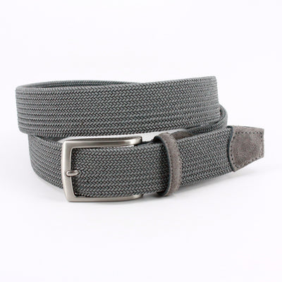 The Torino Italian Tubular Woven Rayon Elastic Belt, in grey with a silver rectangular buckle and matching fabric loop, is shown coiled on a white background.
