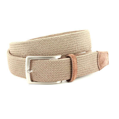 The Torino Italian Tubular Woven Rayon Elastic Belt, in beige with a silver rectangular buckle and suede leather end, is shown coiled on a white background.