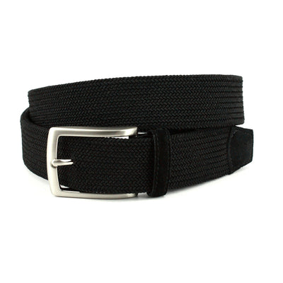 The Torino Italian Tubular Woven Rayon Elastic Belt by Torino, in black with a silver rectangular buckle, is shown coiled in a loop on a plain white background.