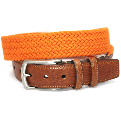 The Torino Italian Woven Cotton Elastic Belt features an orange braided design with a brown leather tip and a silver metal buckle.