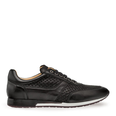 The Mezlan Maxim Dress Sneaker by Mezlan is a black lace-up shoe featuring textured side panels, embossed suede accents, a white and black sole, low profile design, and is handmade in Spain.