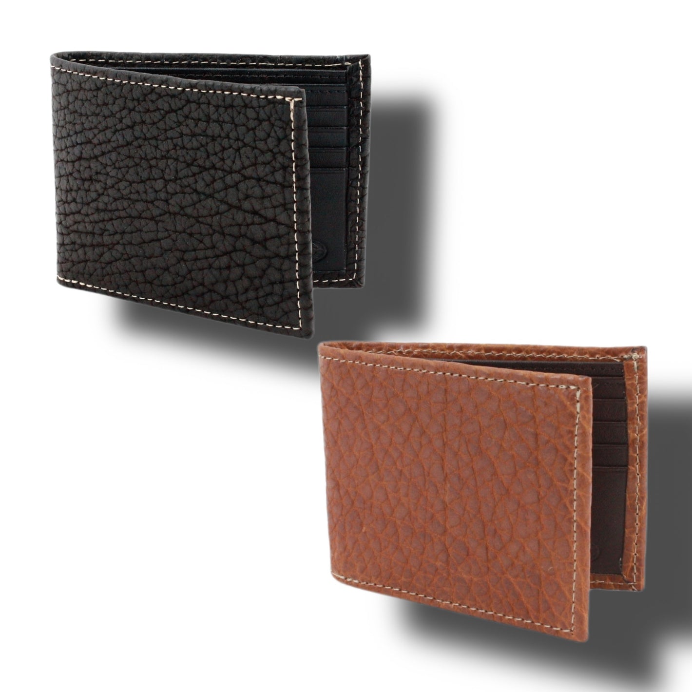 Two Torino Genuine Bison Leather Billfold Wallets, one black and one brown, are shown side by side on a white background, featuring visible stitching and multiple card slots.