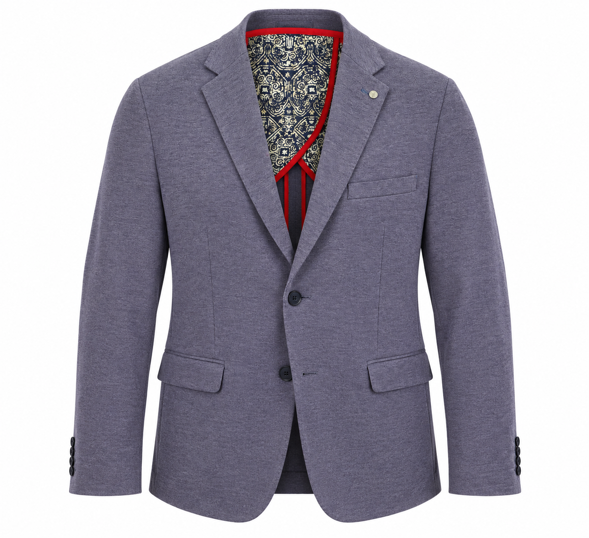 The 7 Downie St Alden Sport Coat Big & Tall is a gray jersey knit with two buttons, front flap and chest pockets, plus a patterned inner lining with red trim.