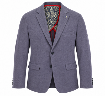 The 7 Downie St Alden Sport Coat Big & Tall is a gray jersey knit with two buttons, front flap and chest pockets, plus a patterned inner lining with red trim.