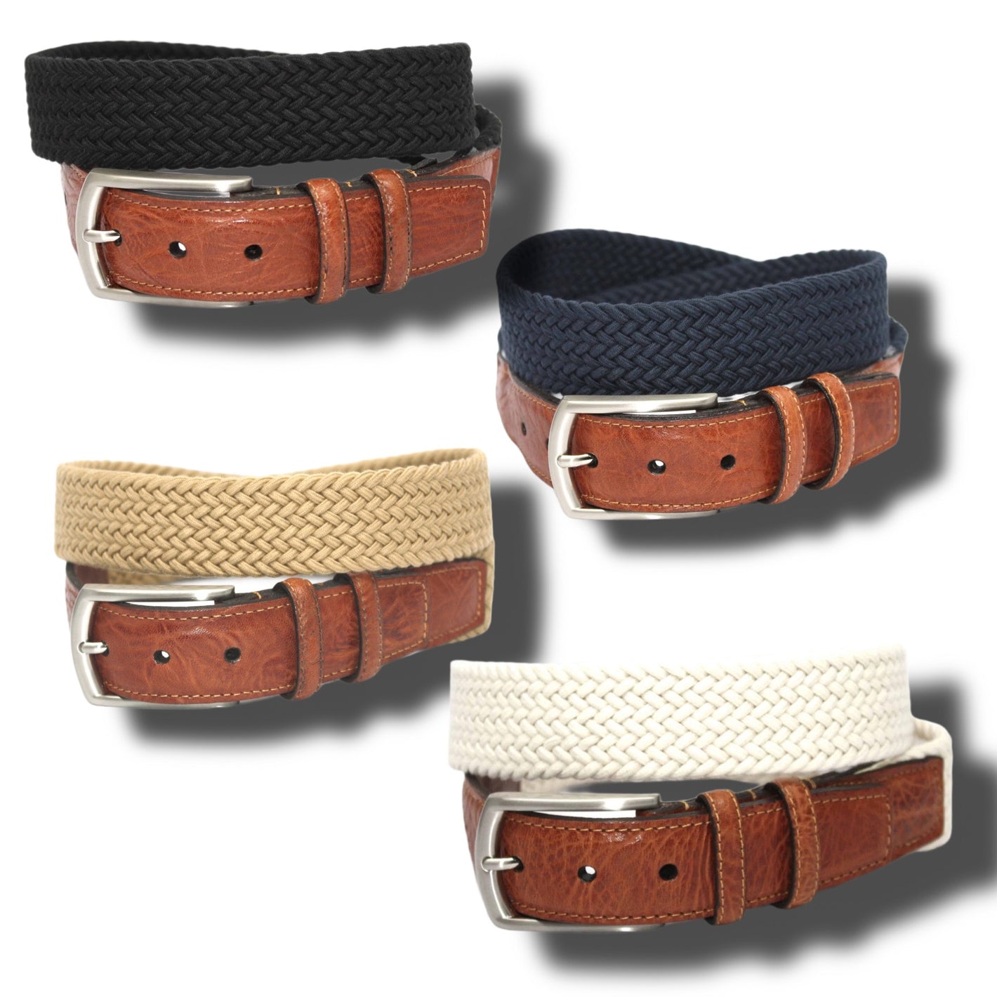The Torino Italian Woven Cotton Elastic Belt Big & Tall by Torino comes in black, navy, beige, and white with saddle tan leather buckles and silver hardware. The belts are shown against a white background.