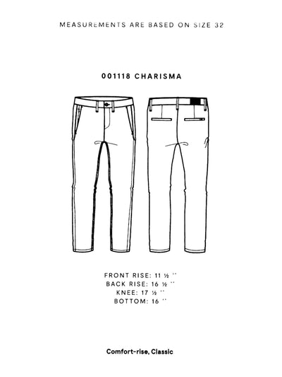 Technical drawing of 34 Heritage Dark Comfort men’s five-pocket pant by 34 Heritage, front and back views, with measurements for front rise, back rise, knee, and bottom. Comfort-rise, classic fit with straight leg.