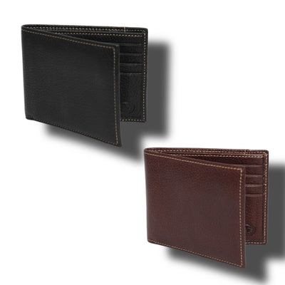 Two Torino Tumbled Glove Leather Billfold Wallets—one black, one brown—shown side by side on a white background, each with card slots and white stitching. Crafted by Torino from premium full grain leather for lasting quality.