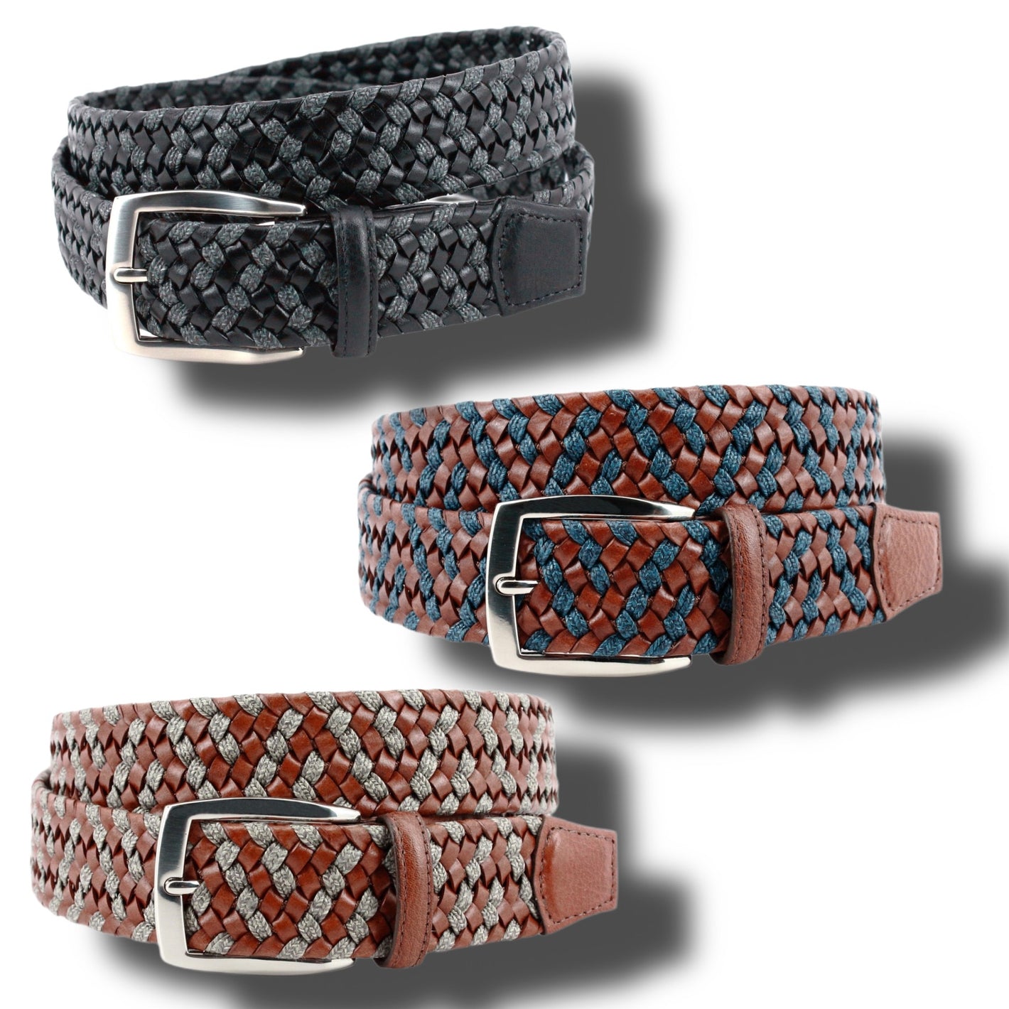 Three Torino Italian Braided Leather & Linen Belts—in black, brown with blue accents, and brown with gray accents—each have a metal buckle and are displayed against a white background.