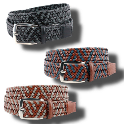 Three Torino Italian Braided Leather & Linen Belts—in black, brown with blue accents, and brown with gray accents—each have a metal buckle and are displayed against a white background.