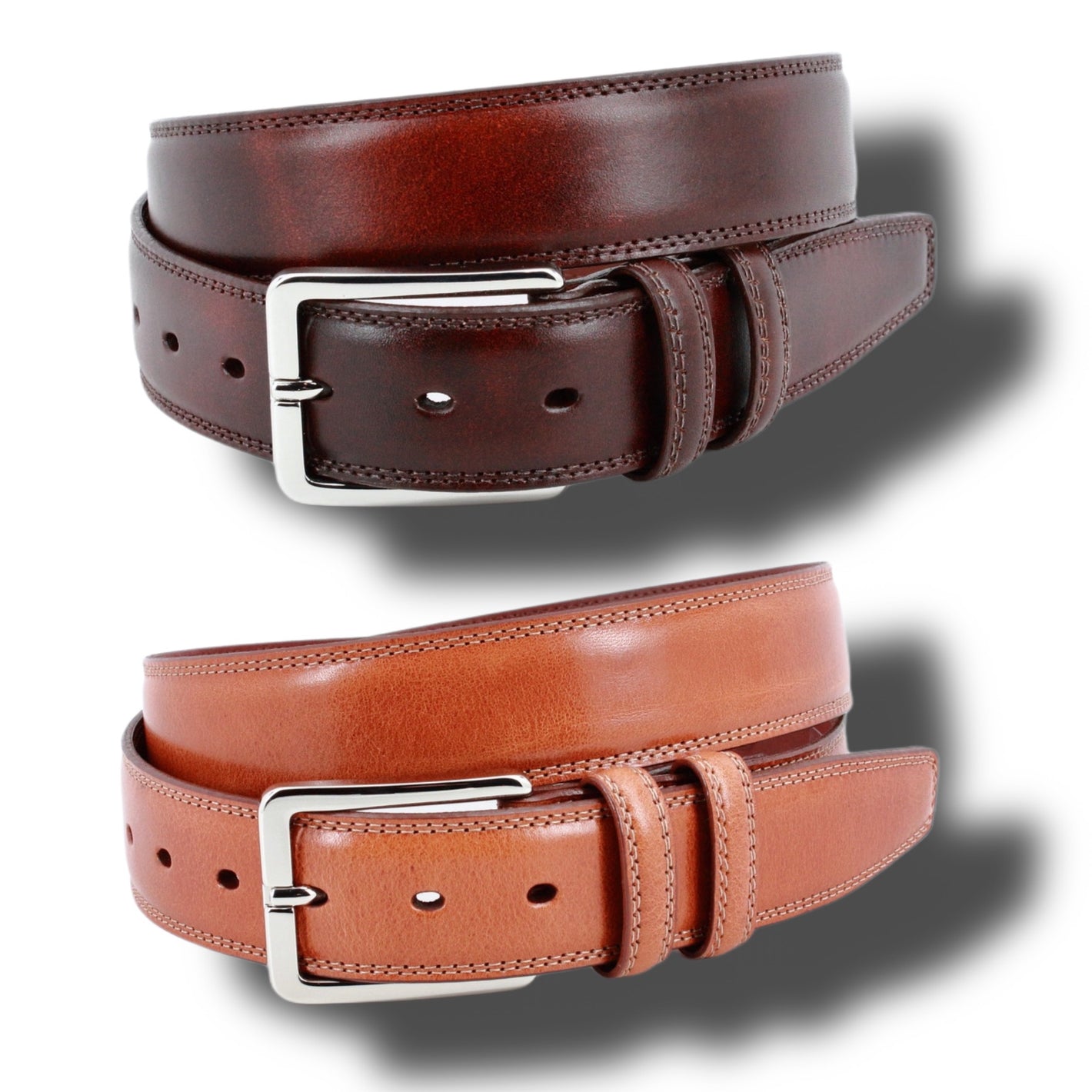 Two Torino Hand Antiqued Italian Calfskin Belts—one dark brown, one light brown, both with silver buckles—are rolled and displayed on a white background with shadows.