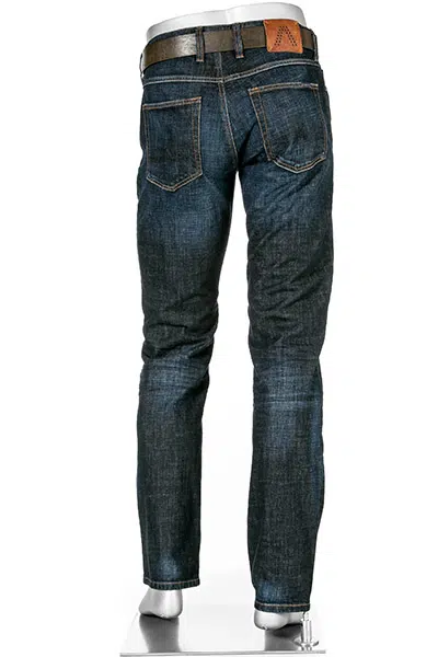 Blue jeans with a brown belt on a white background