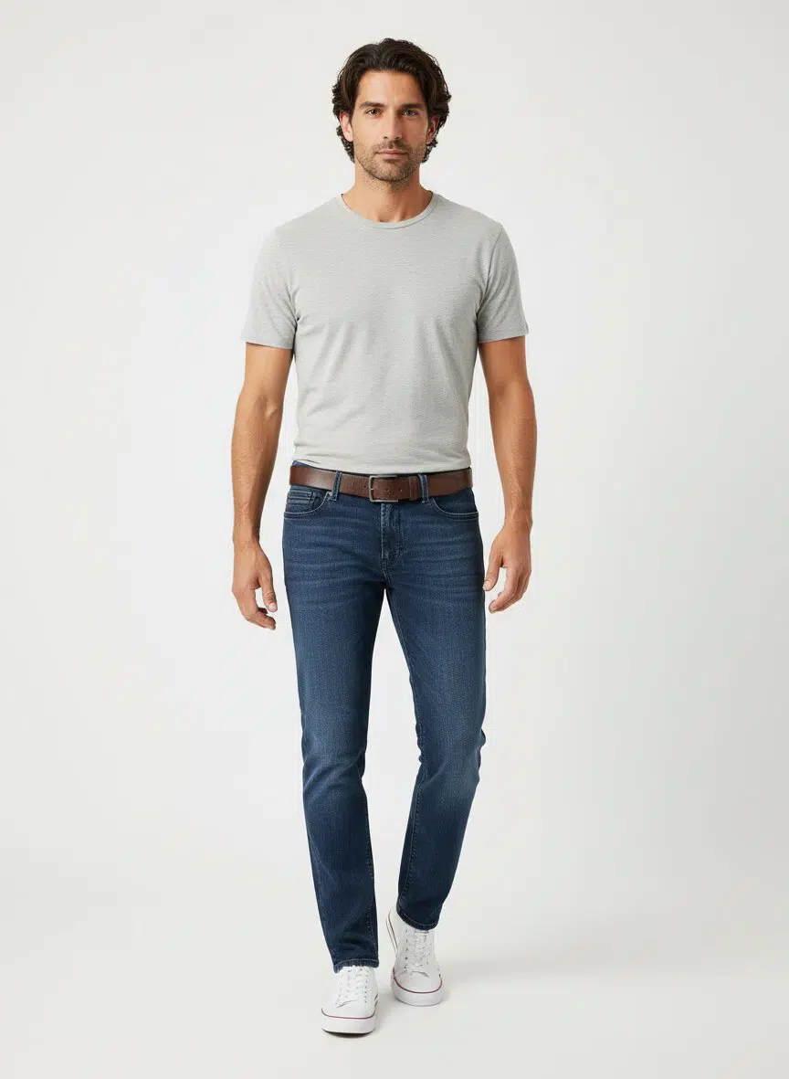 Man wearing a gray t-shirt, blue jeans, and white sneakers on a white background