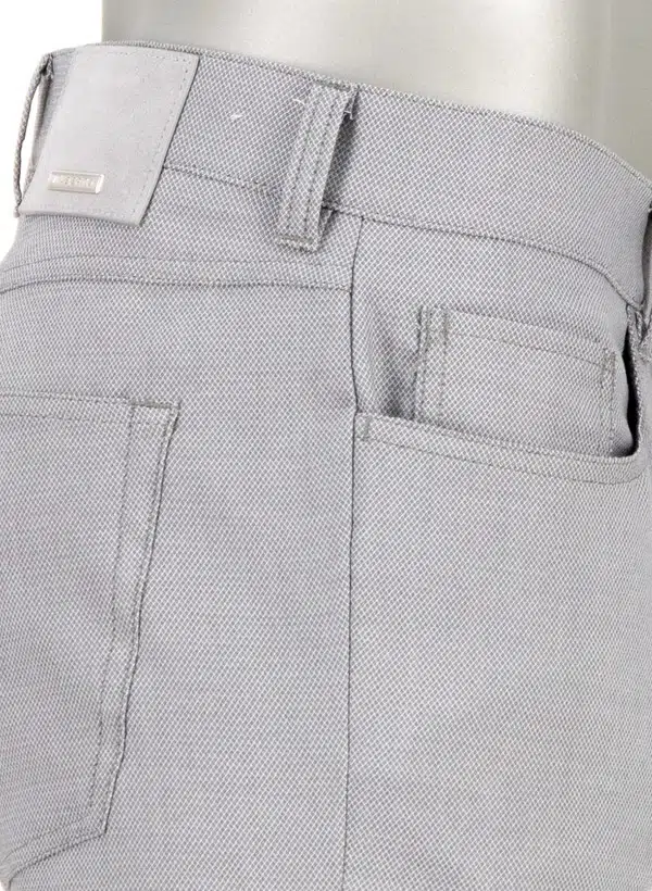 Close-up of gray pants with a focus on the waistband and pocket area.