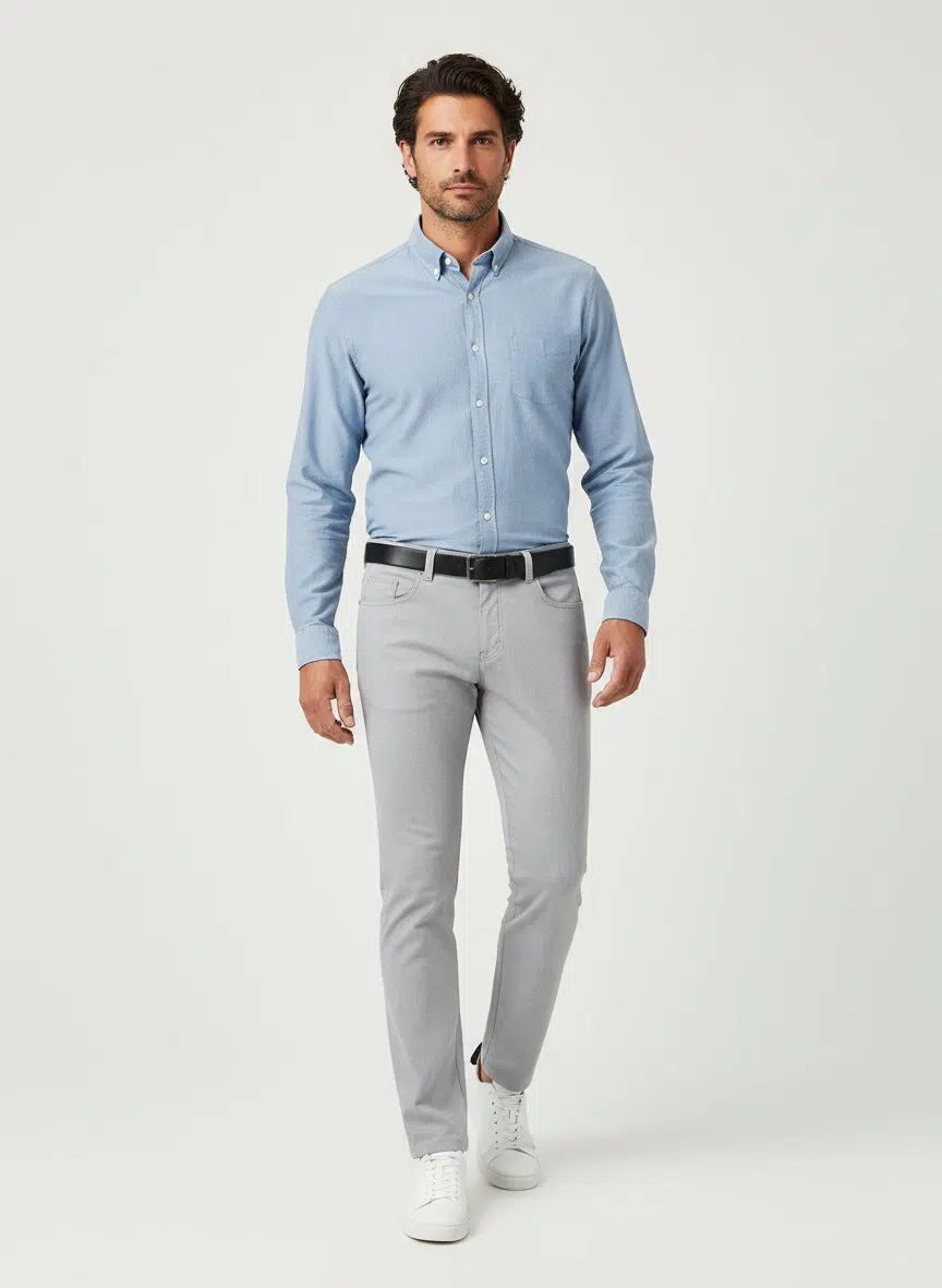 Man wearing a light blue shirt, gray pants, and white shoes on a white background