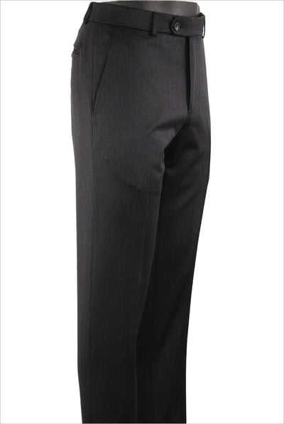 The Ballin M5298 Soho Pant by Ballin is a pair of black lightweight wool dress pants with front pockets, belt loop, and button waistband. Displayed on a mannequin, these crease-resistant trousers offer comfort and style.