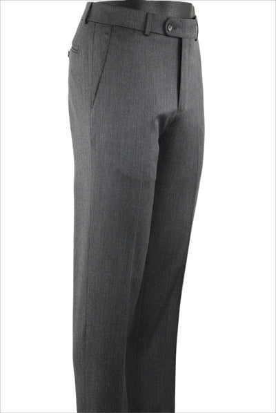 The Ballin M5298 Soho Pant by Ballin is a pair of tailored gray lightweight wool dress pants featuring side pockets and a buttoned waistband, shown from a side angle.