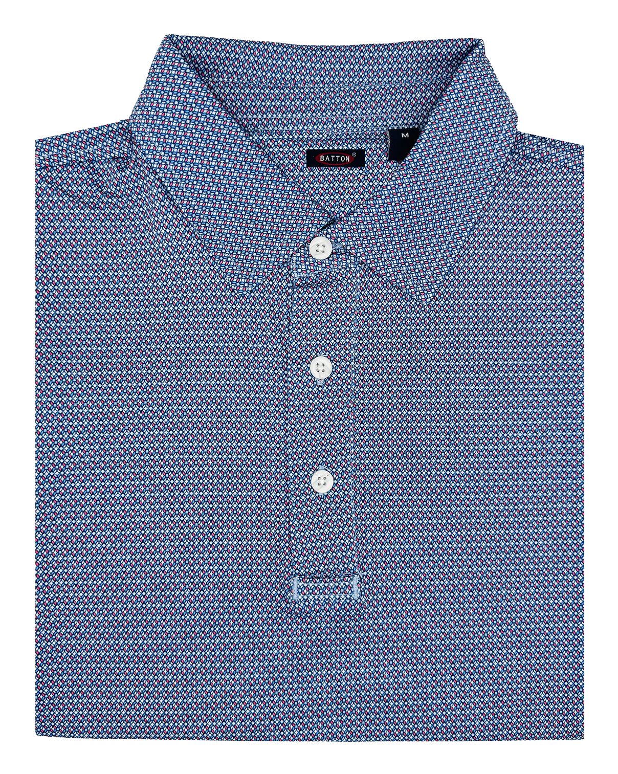 Folded blue patterned shirt with a Barton label on a white background