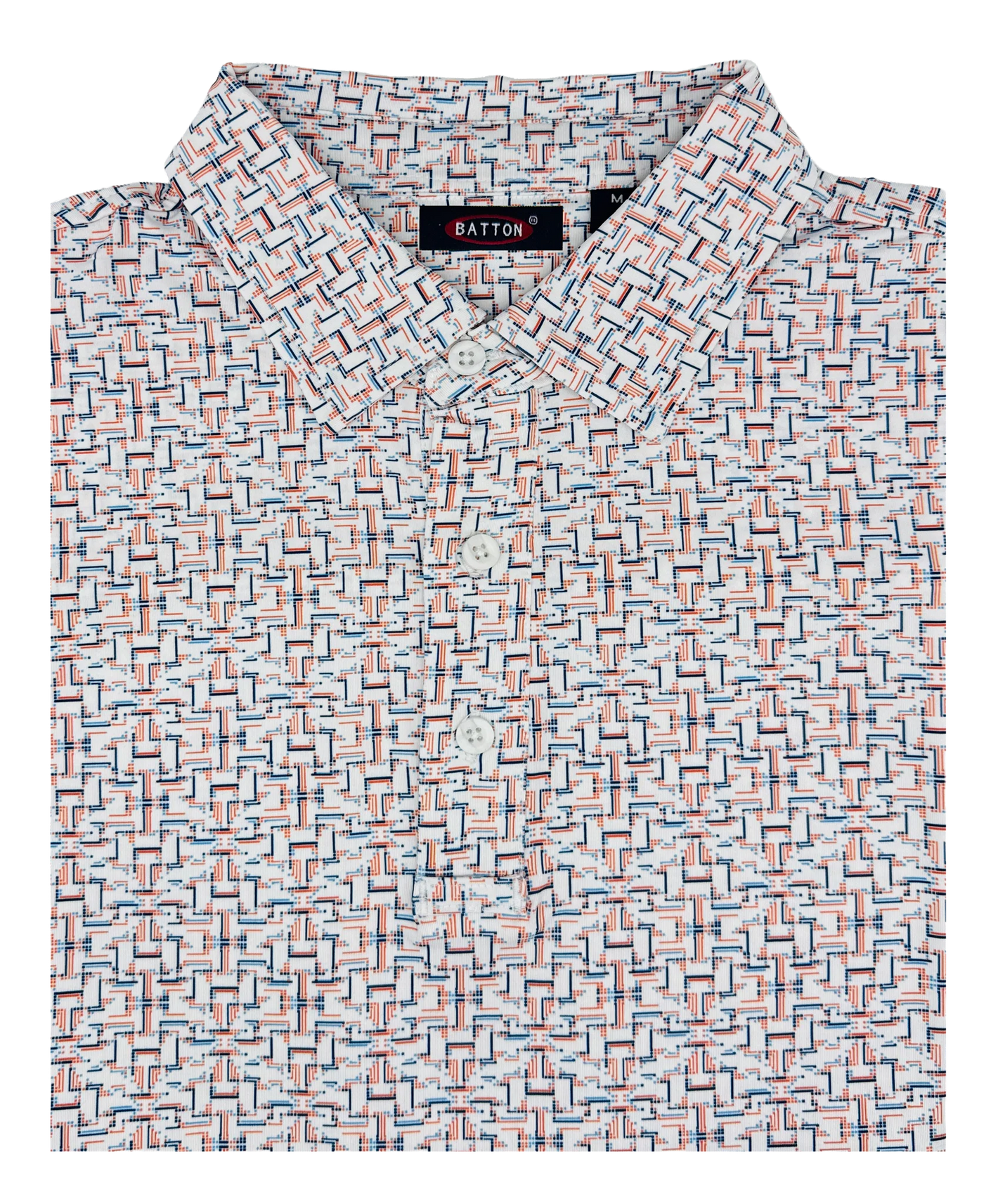 Folded shirt with geometric pattern and 'Baton' label on a white background