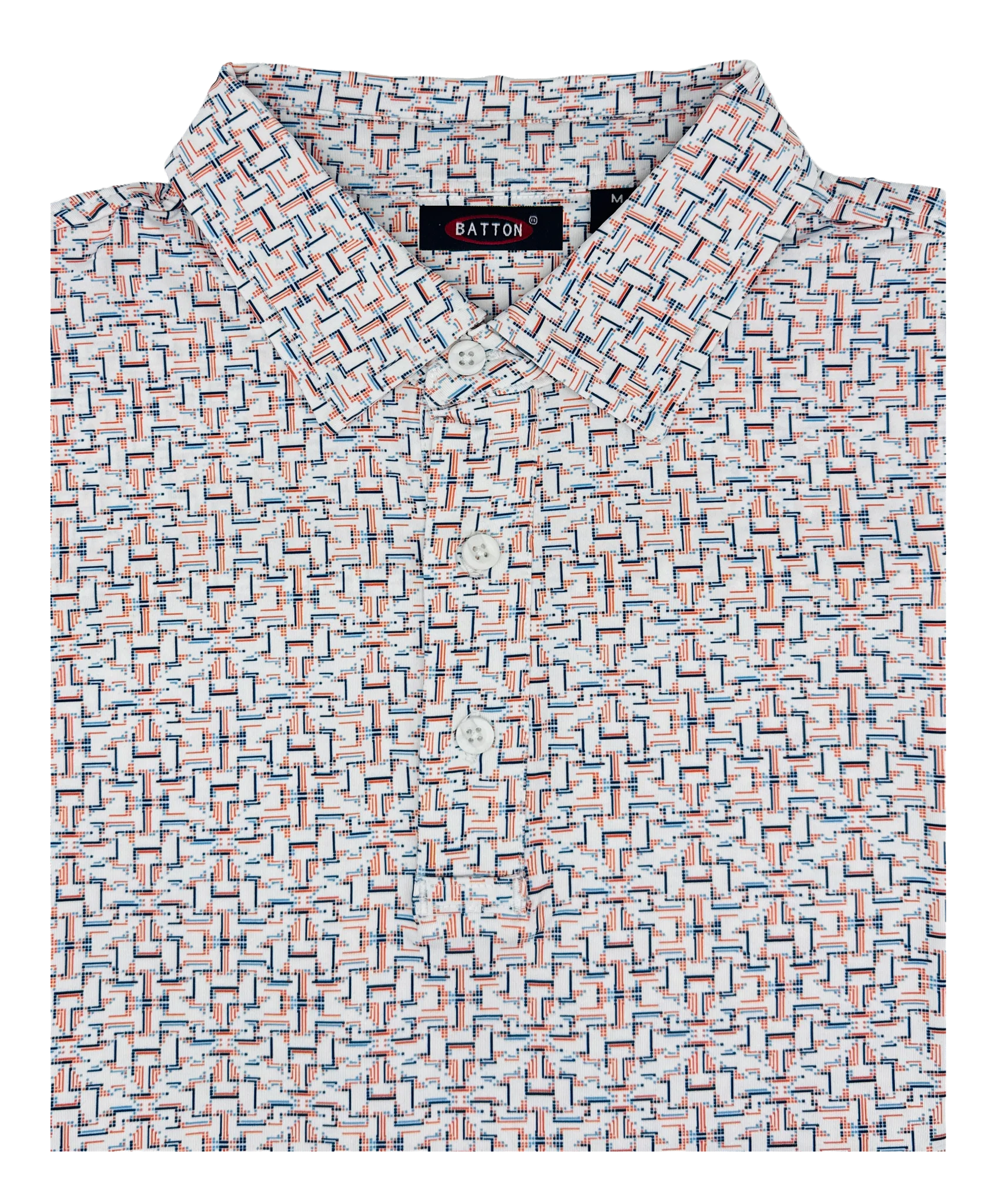 Folded shirt with geometric pattern and 'Baton' label on a white background