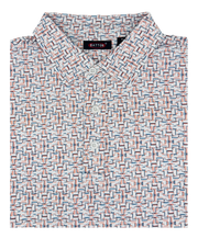 Folded shirt with geometric pattern and 'Baton' label on a white background