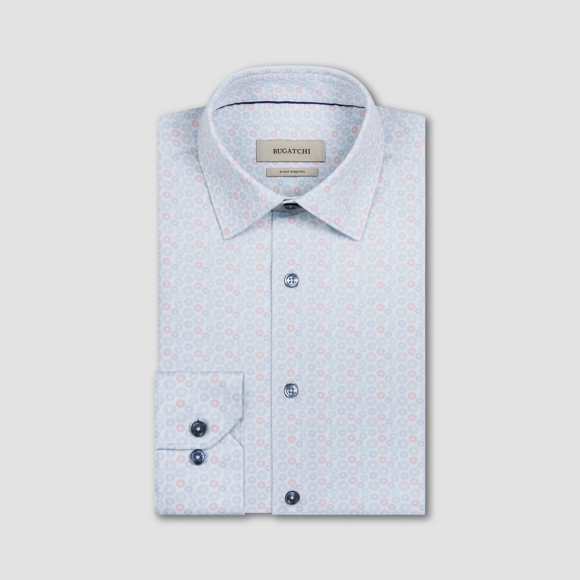 Light blue patterned shirt with black buttons on a light gray background