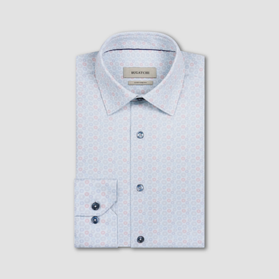 Light blue patterned shirt with black buttons on a light gray background