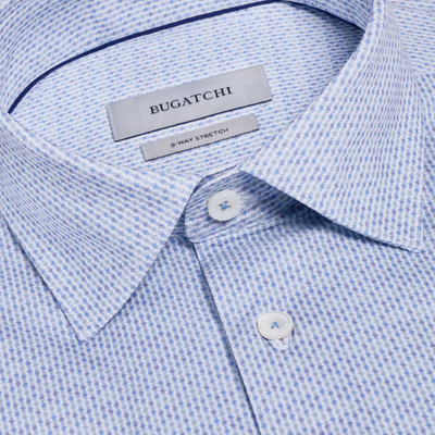 Close-up of a blue checkered shirt with Bugatchi label