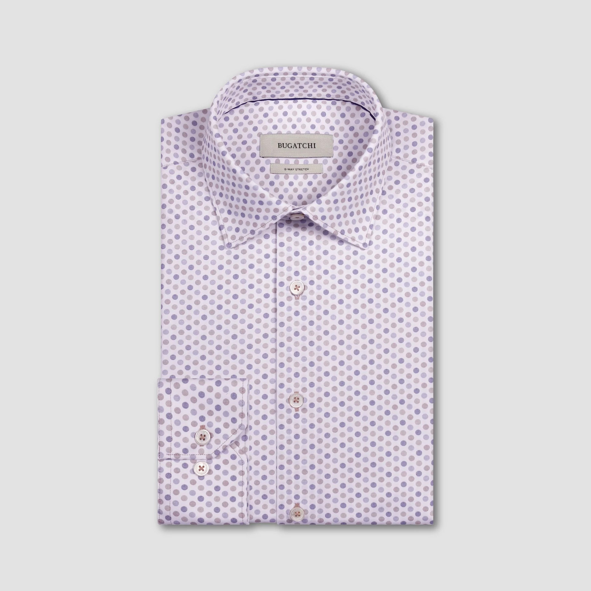 Purple patterned shirt on a light gray background