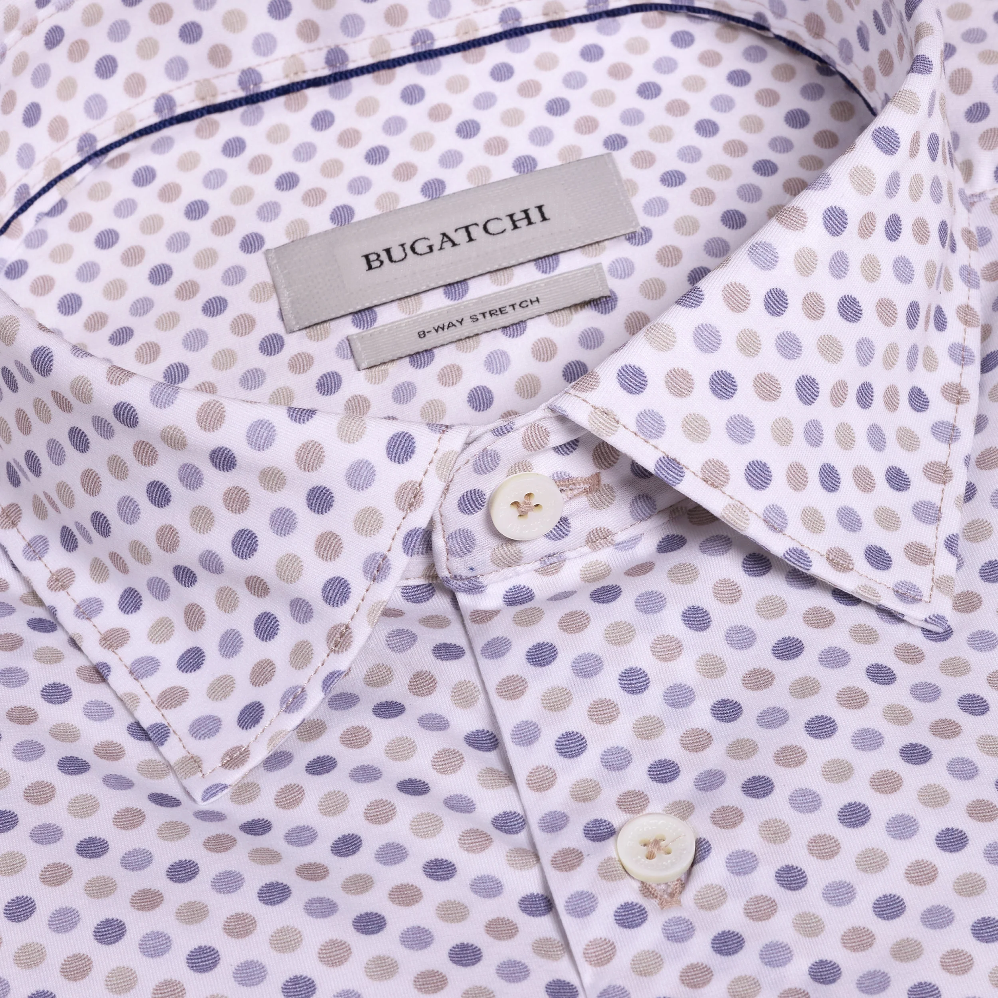 Close-up of a polka dot shirt with Bugatchi label
