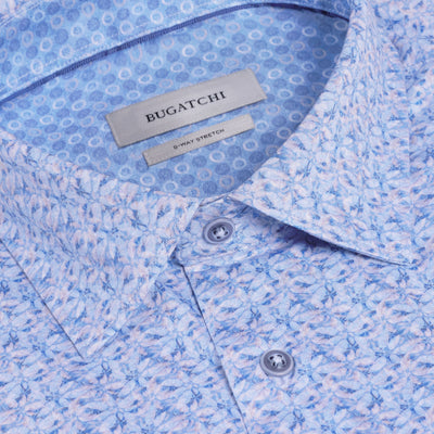 Close-up of a blue patterned shirt with Bugatchi label