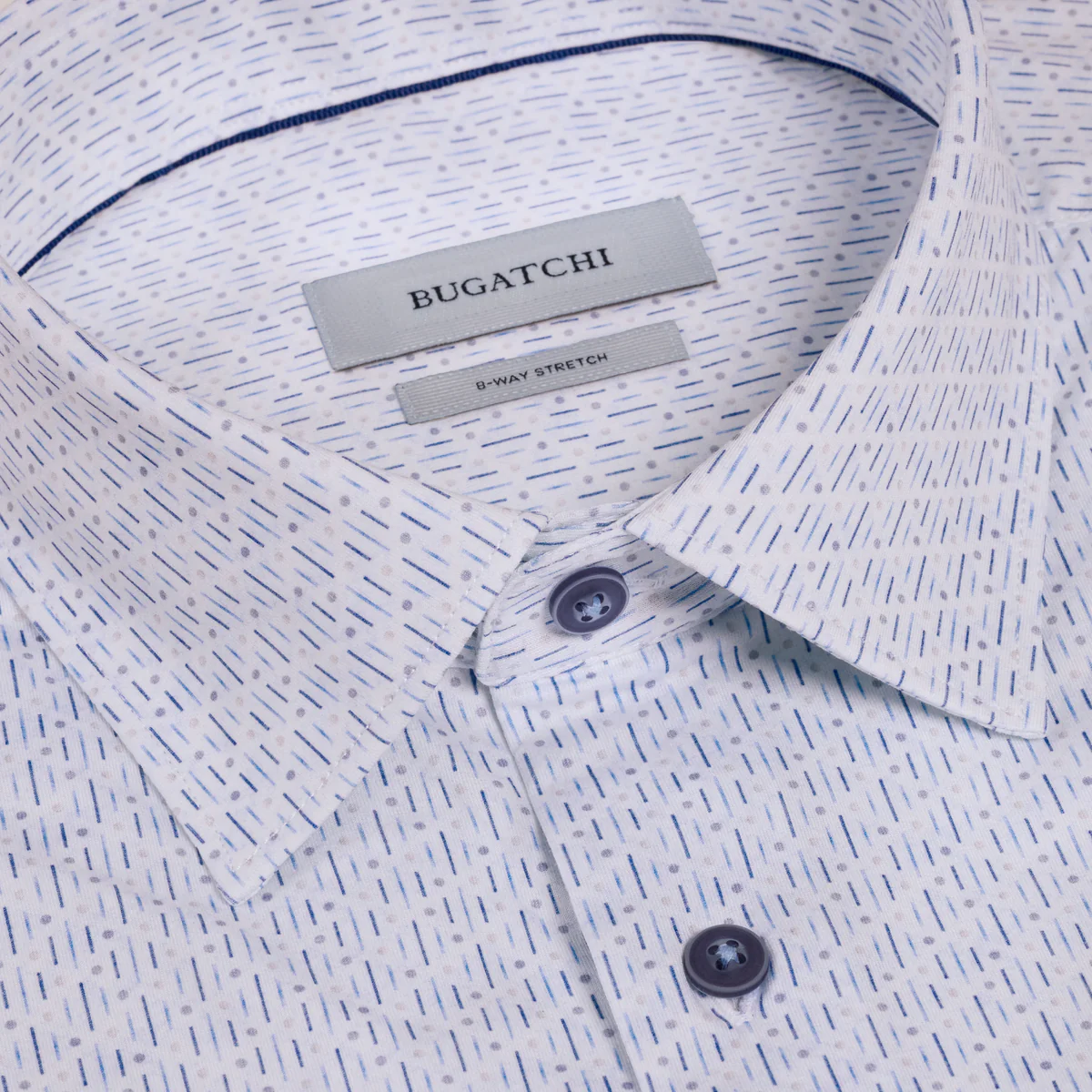 Close-up of a Bugatchi shirt with a visible label.