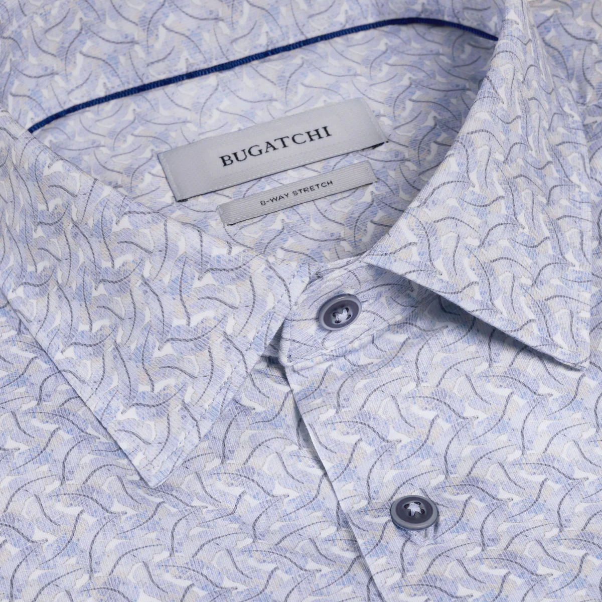 Close-up of a patterned shirt with Bugatchi label