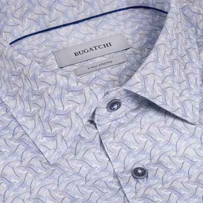 Close-up of a patterned shirt with Bugatchi label