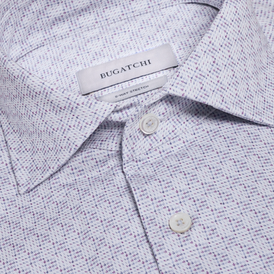 Close-up of a Bugatchi shirt with a label on a white background