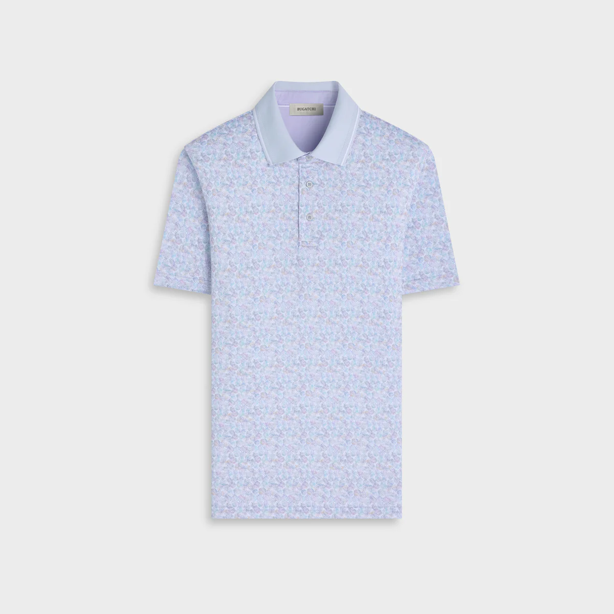 Light blue patterned polo shirt on a light gray background