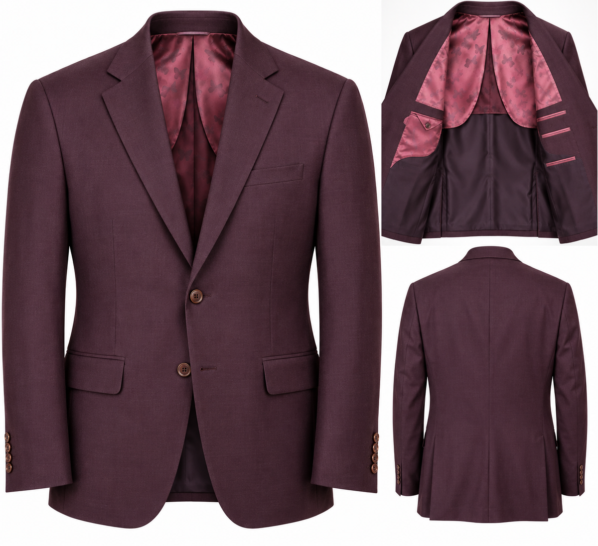 MaxDavoli Burgundy Cashmere Blend Sport Coat MD86351 shown from the front, back, and open to reveal the interior lining.
