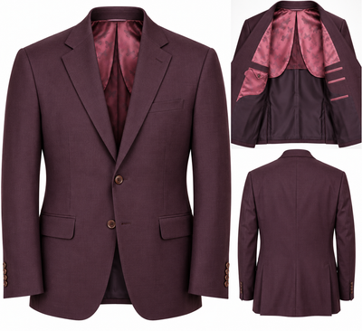 MaxDavoli Burgundy Cashmere Blend Sport Coat MD86351 shown from the front, back, and open to reveal the interior lining.
