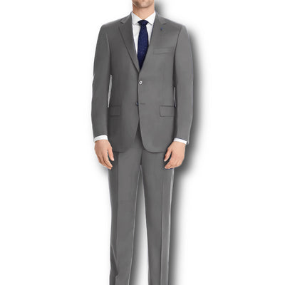 A man in a Hart Schaffner Marx Chicago Fit Suit Big & Tall with a white dress shirt and navy tie stands against a white background—a perfect example of men's luxury workwear.