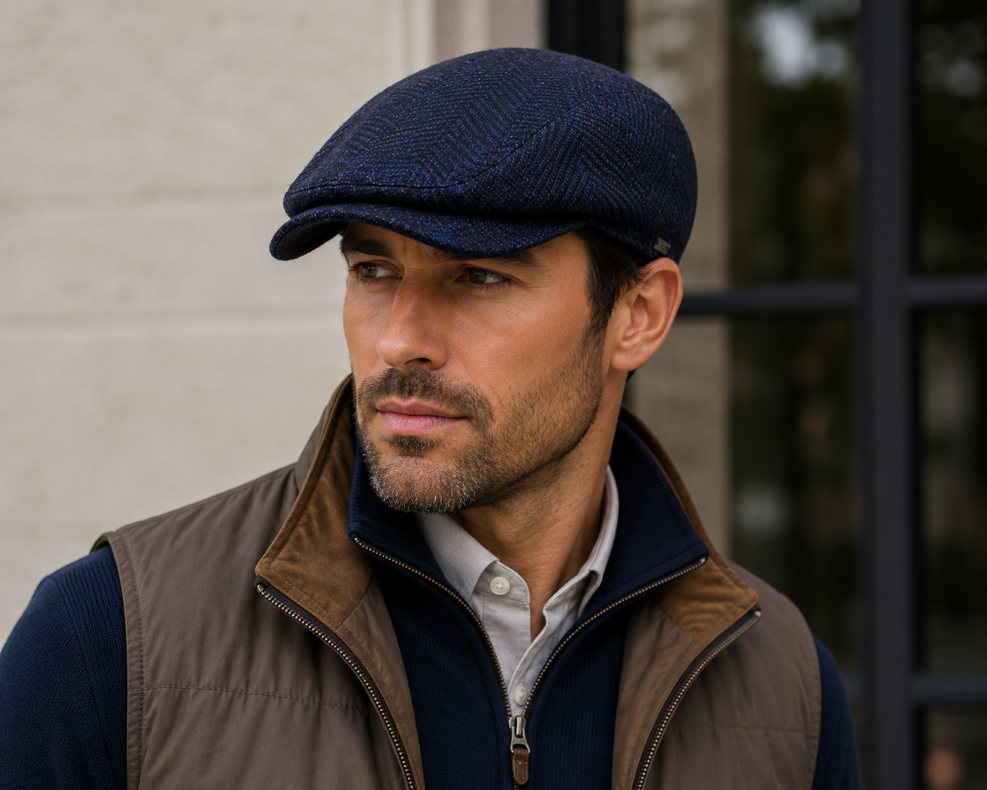 A man wearing the Wigens Ivy Contemporary Cap 102335 by Wigens, along with a brown vest and a navy zip-up sweater, stands in front of a building with large windows, looking to the side.