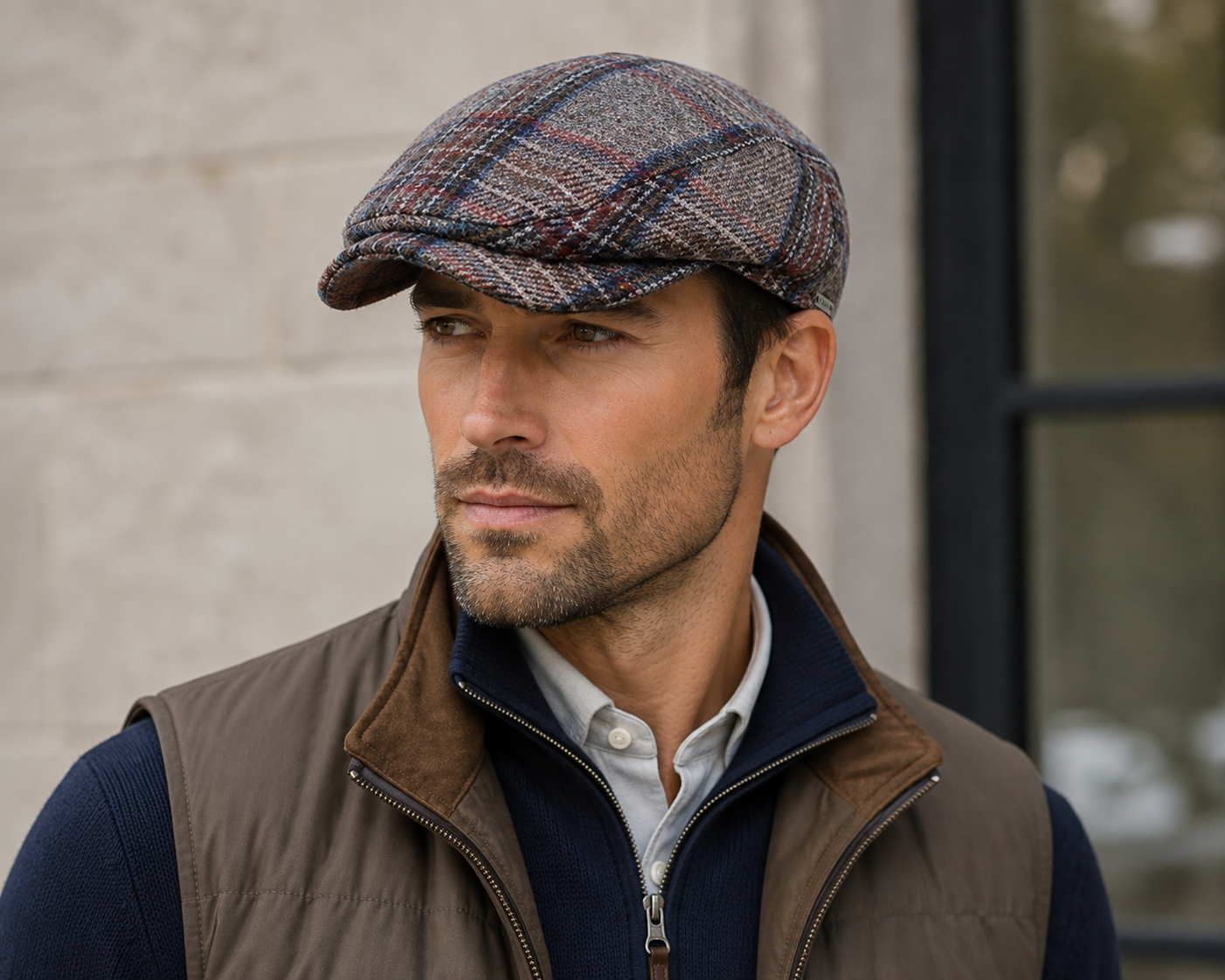 A man wearing the Wigens Ivy Contemporary Cap Beige 101744 stands in front of a light stone wall and window, dressed in a brown vest and navy zip-up sweater, looking to the side.