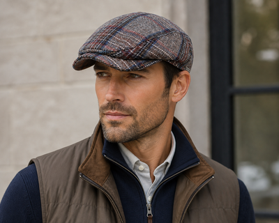 A man wearing the Wigens Ivy Contemporary Cap Beige 101744 stands in front of a light stone wall and window, dressed in a brown vest and navy zip-up sweater, looking to the side.