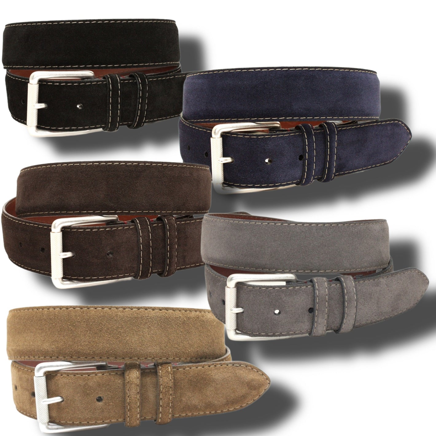 Torino European Sueded Calfskin Belts by Torino—available in black, navy blue, brown, gray, and tan with silver buckles—are displayed against a white background.