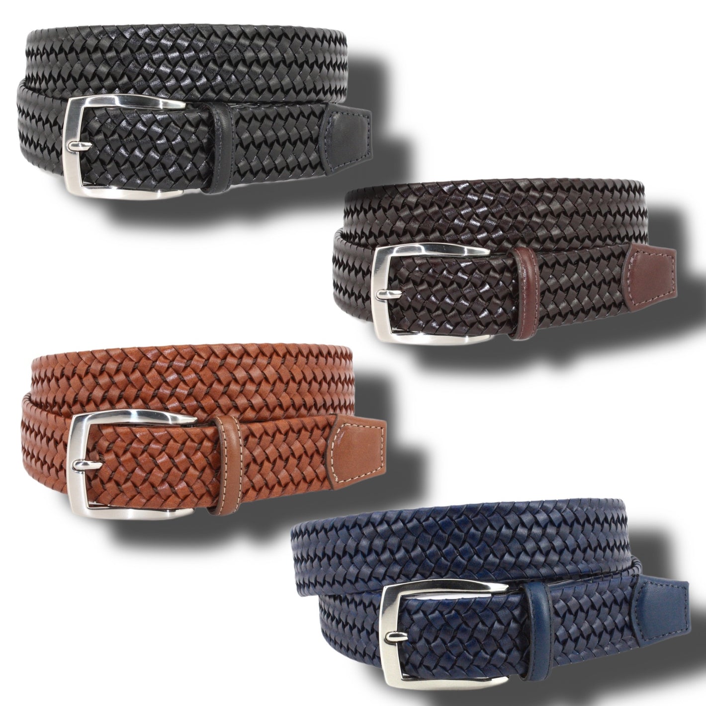 Four Torino Italian Woven Stretch Leather Belts from Torino—in black, dark brown, tan, and navy—each with a silver rectangular buckle, are displayed against a white background.