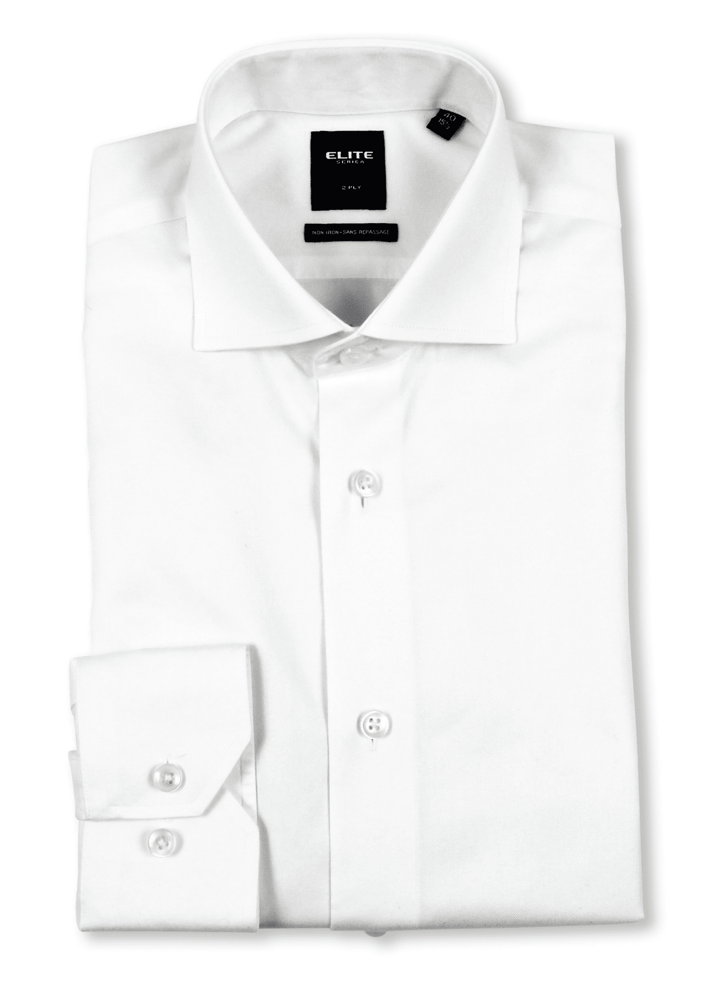 The Elite Dress Shirt E-106/E-250 by Elite, featuring a spread collar and buttoned cuffs in ivory, is neatly folded and ideal as a groom dress shirt, displayed against a white background.