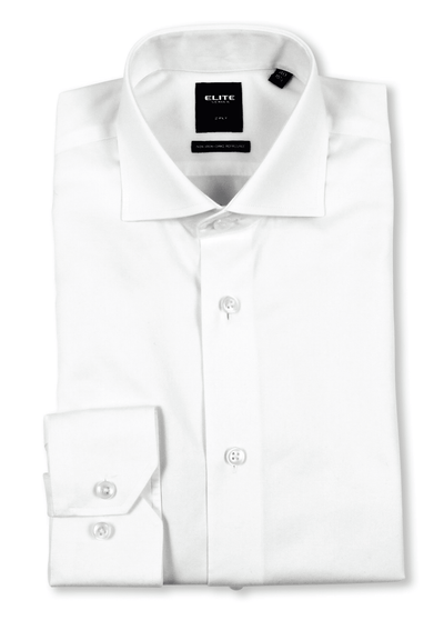 The Elite Dress Shirt E-106/E-250 by Elite, featuring a spread collar and buttoned cuffs in ivory, is neatly folded and ideal as a groom dress shirt, displayed against a white background.