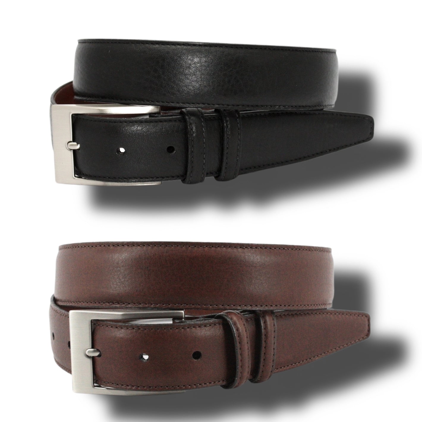 Two Torino Soft Deertan Glove Leather Belts (Big & Tall)—one black, one brown—feature silver rectangular buckles and are coiled on a white background, showcasing Torino's craftsmanship in fine leather goods.