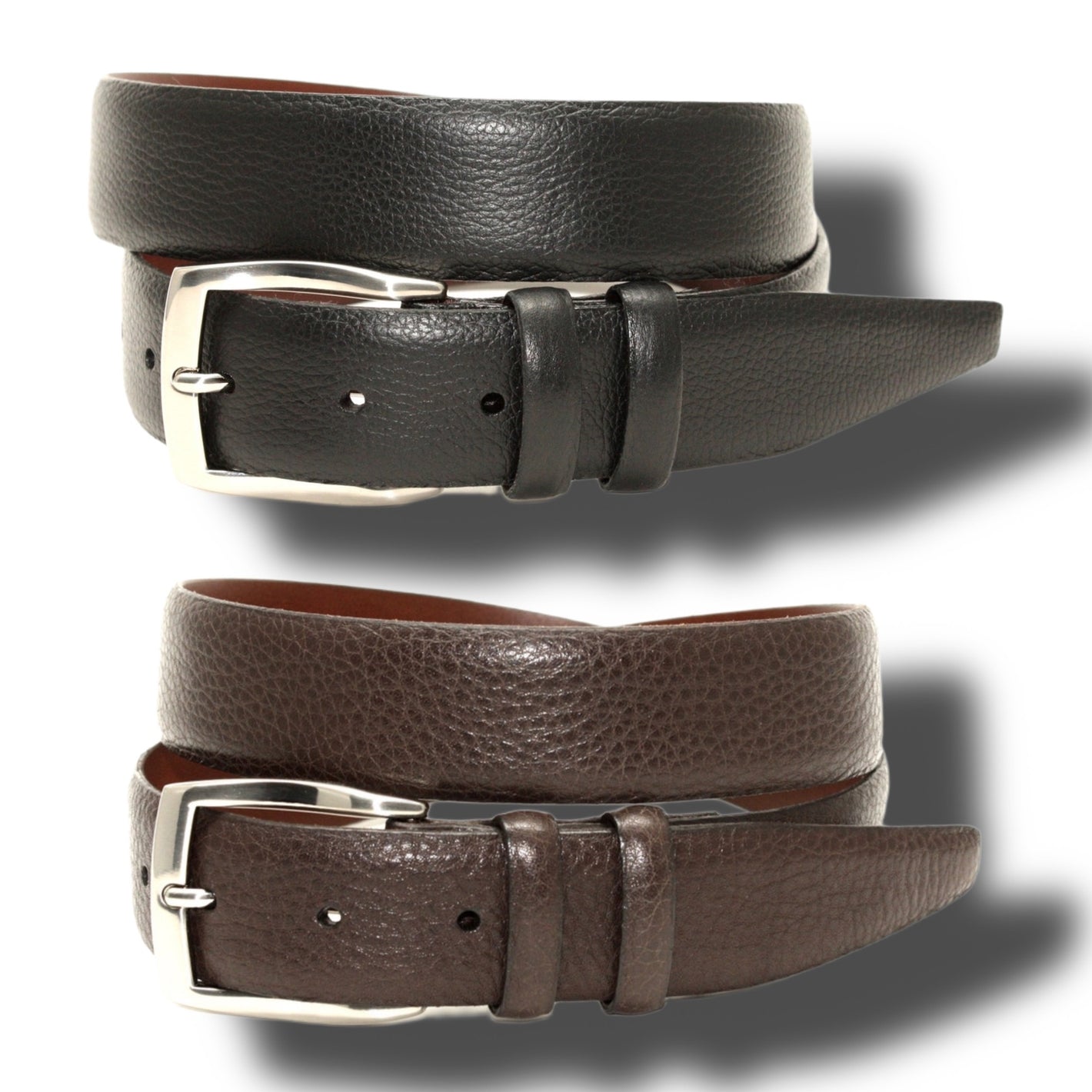 Two Torino Pebble Grained Calfskin Belt Big & Tall belts—one black, one brown—each featuring a silver buckle, are coiled side by side on a white background.