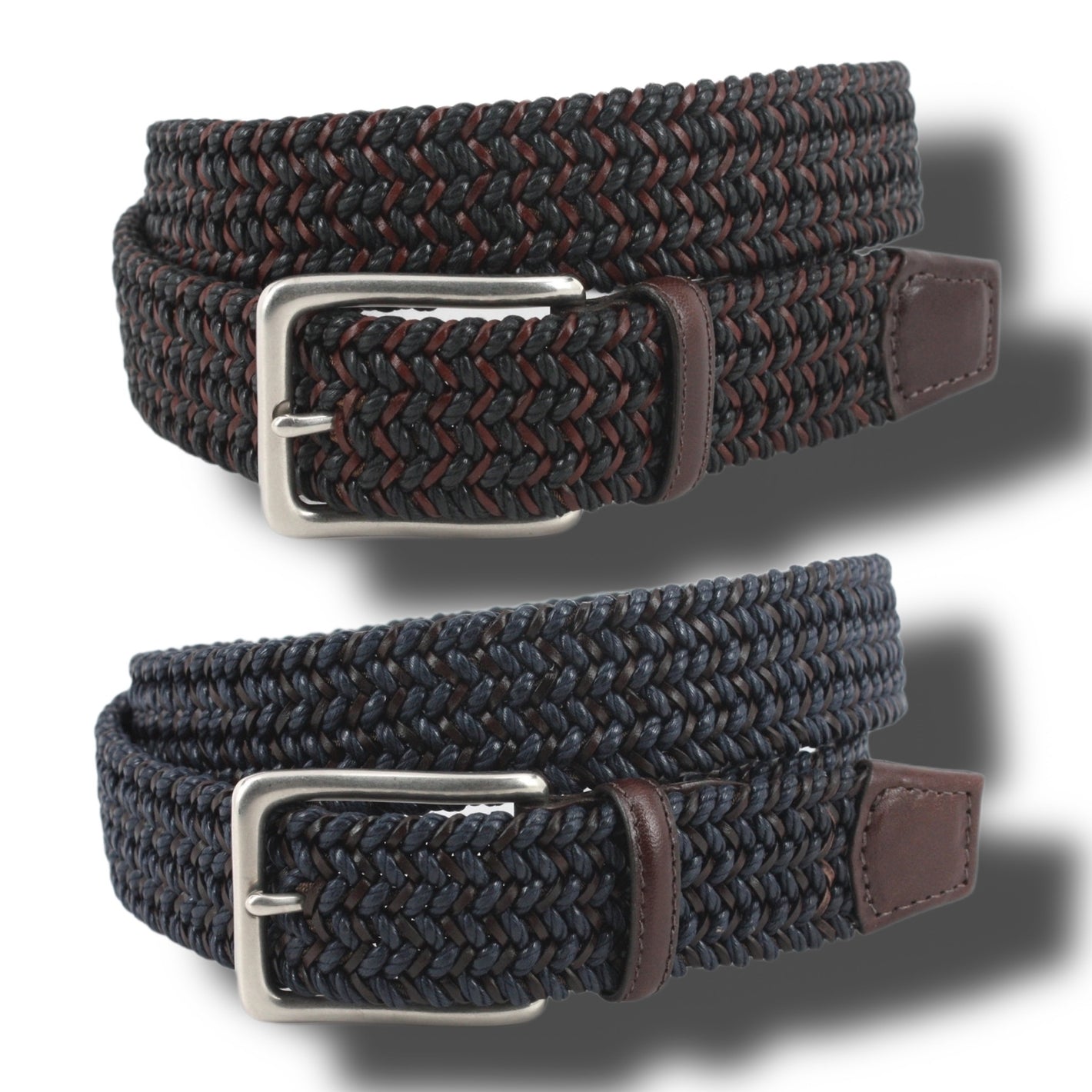 Two Torino Italian Woven Cotton & Leather Belts—one black and dark red, one navy blue—feature calfskin trim, silver buckles, and brown leather accents. Both are displayed side by side.