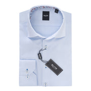 Light blue dress shirt with floral trim on collar, Elite label, on white background
