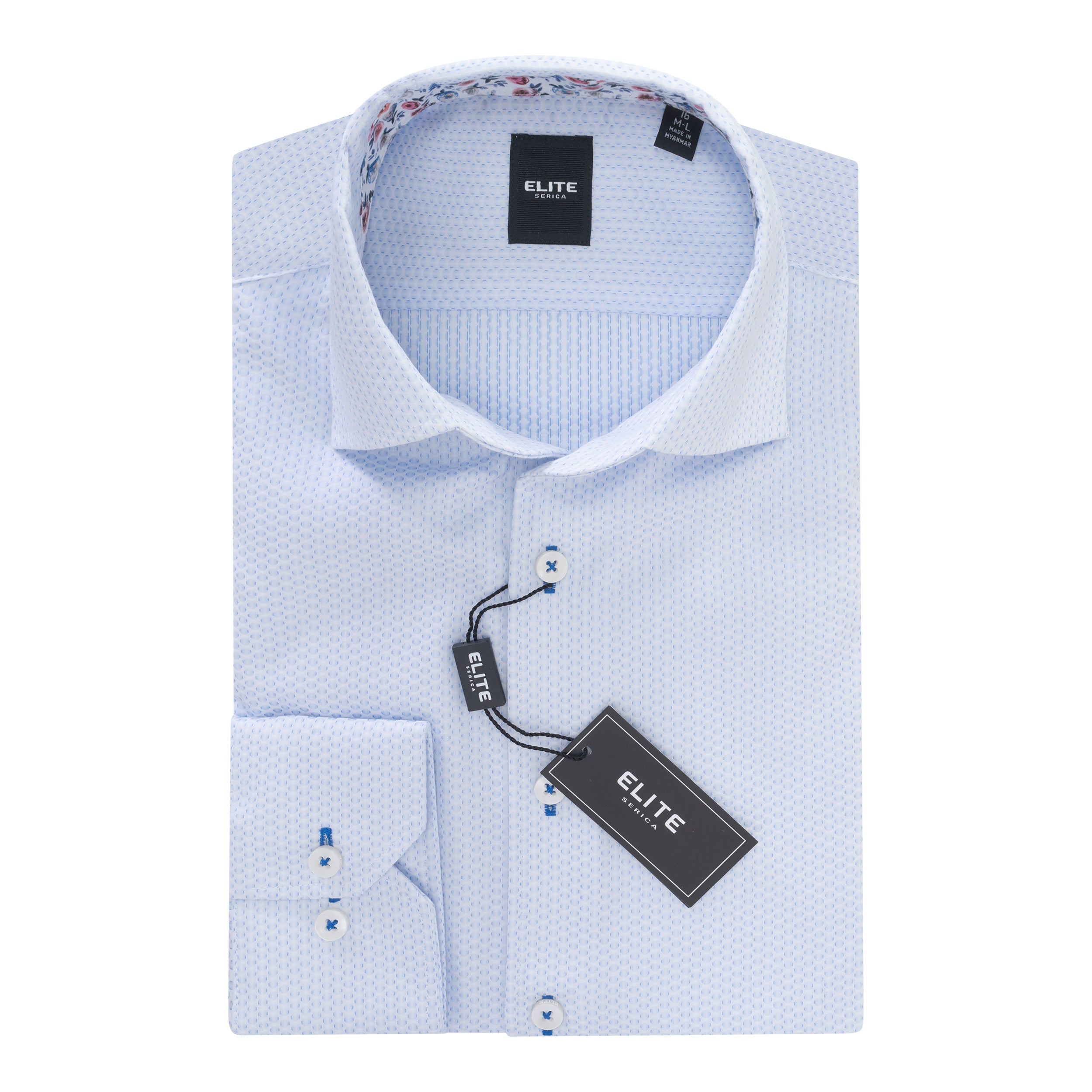 Light blue dress shirt with floral trim on collar, Elite label, on white background